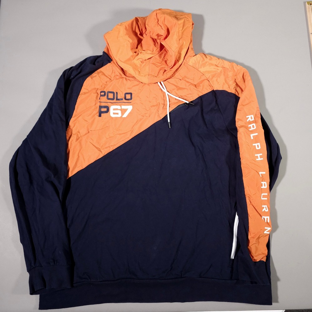 Polo Ralph Lauren Hoodie Mens XXL Orange Navy Blue P67 Performance Pullover